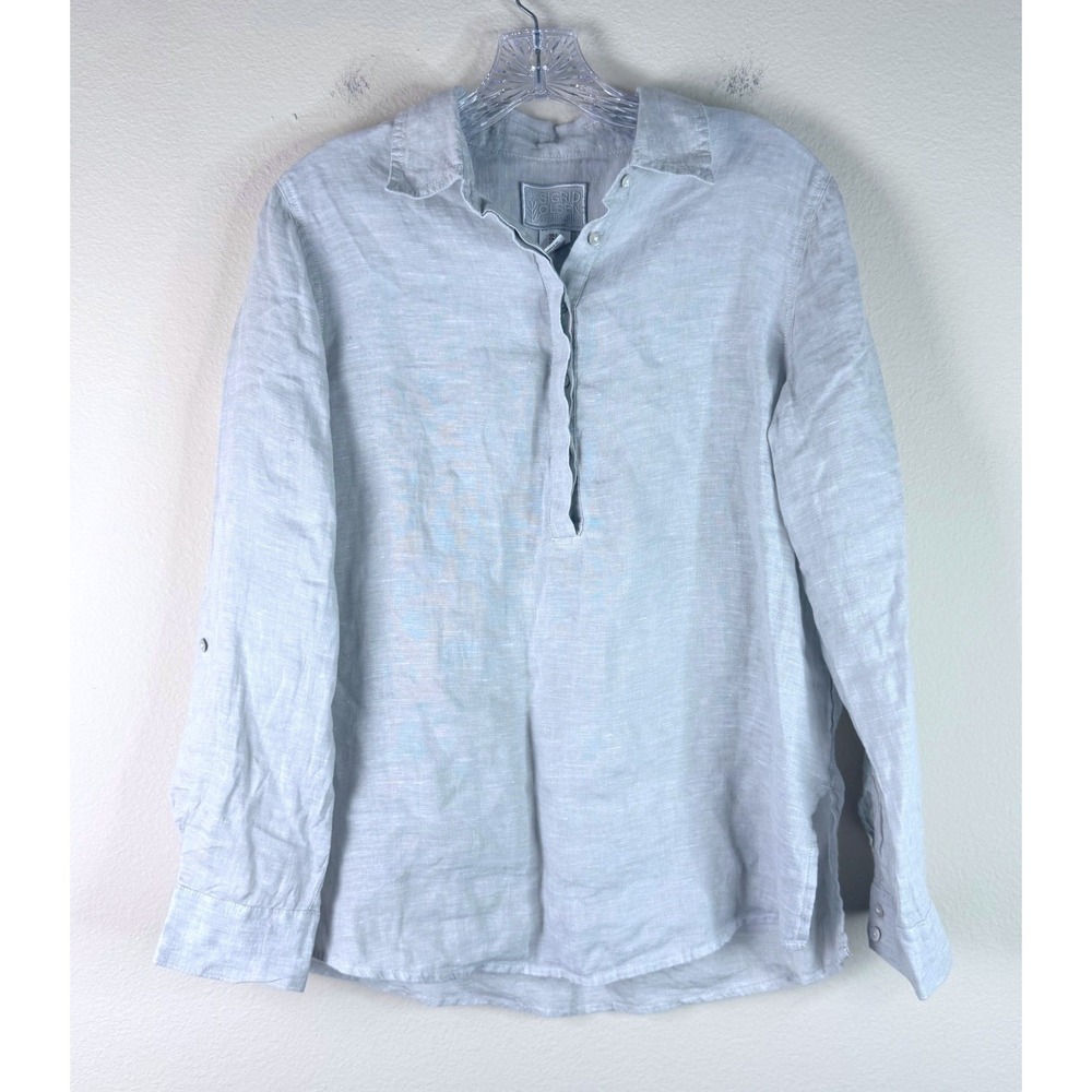 Sigrid Olsen Top Womens Small Blue Linen Henley Roll Tab Sleeve Shirt